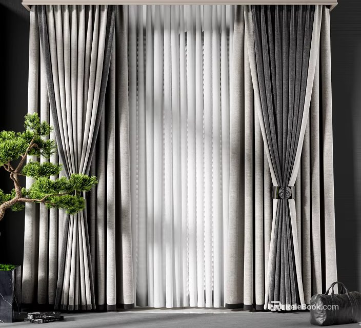 Modern Gray And White Striped Curtains With Natural Light And Green Plant 3d model 