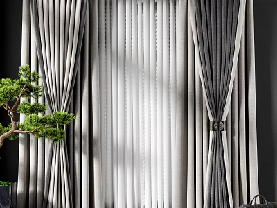 Modern Gray And White Striped Curtains With Natural Light And Green Plant 3d model
