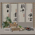 Traditional Chinese Calligraphy Scrolls With Wooden Frame String Lights Green Plants And Bonfire