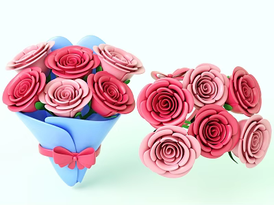 Beautiful Pink And Red Roses Bouquet With Blue Wrapping Pink Bow And Loose Blooms 3d model