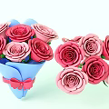 Beautiful Pink And Red Roses Bouquet With Blue Wrapping Pink Bow And Loose Blooms