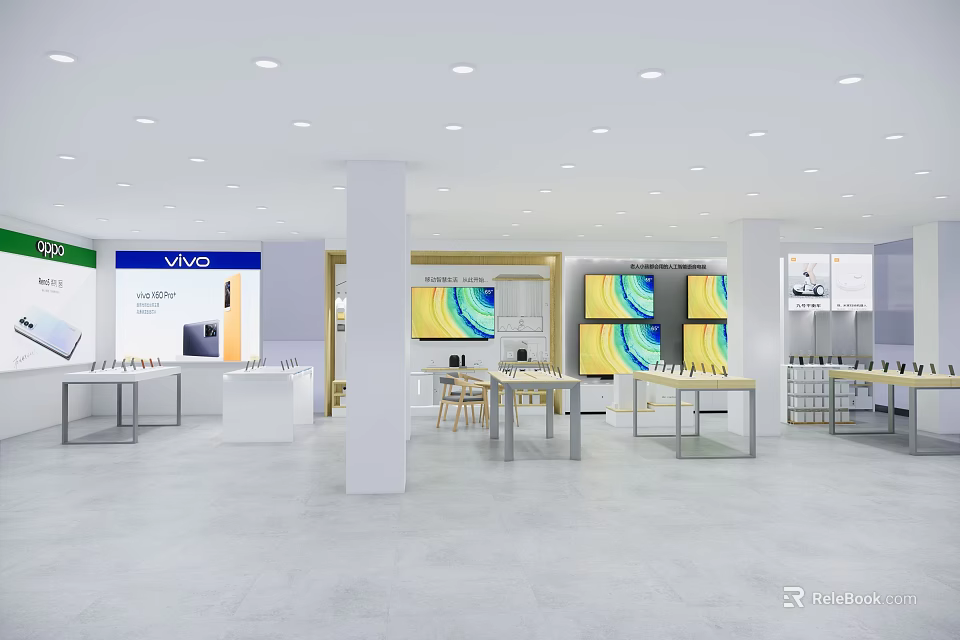 Modern Vivo Digital Store Interior Showcasing Mobile Phone Products With Brightly Lit Display Counters 3d model 