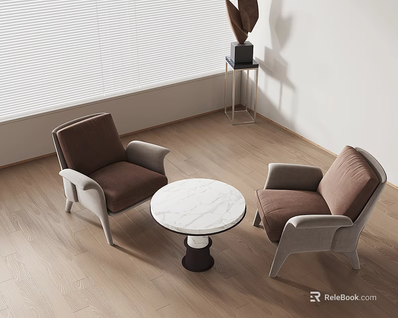 Two Modern Armchairs In Living Room With Round Marble Coffee Table Blind Window And Wooden Floor 3d model 