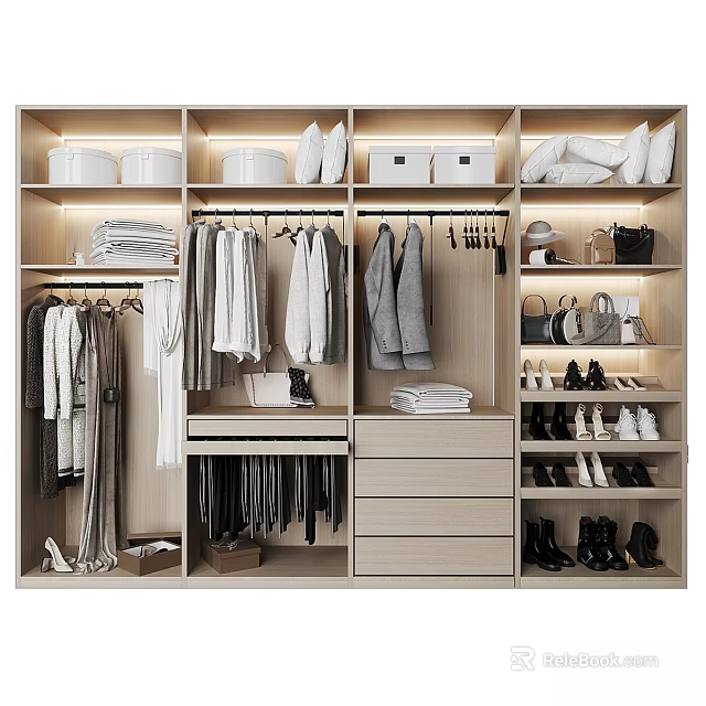 Modern Wardrobe Storage Cabinet With Hanging Clothes Folded Garments Shoes Bags And Drawers 3d model 