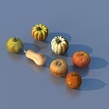 Fresh Colorful Vegetable Collection With Different Pumpkin Varieties And Shapes On Blue Background