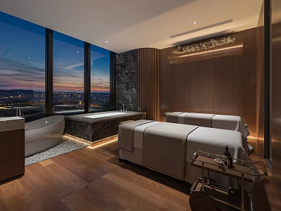 Luxurious SPA Sauna Interior With Large Windows Night View Wooden Walls Massage Beds And Bathtub 3d model