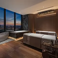 Luxurious SPA Sauna Interior With Large Windows Night View Wooden Walls Massage Beds And Bathtub