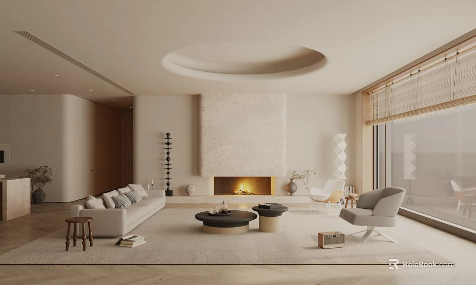 Modern Living Room Interior With Stone Fireplace Round Ceiling Sofa Coffee Table And Wooden Floor 3d model 