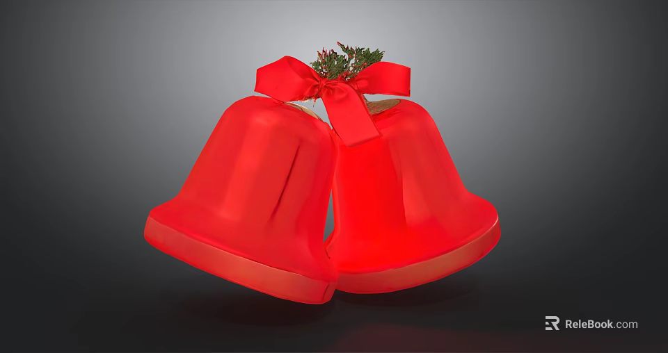 Pair of Red Christmas Bells Adorned With Red Bow And Green Sprigs 3d model 