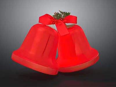 Pair of Red Christmas Bells Adorned With Red Bow And Green Sprigs 3d model