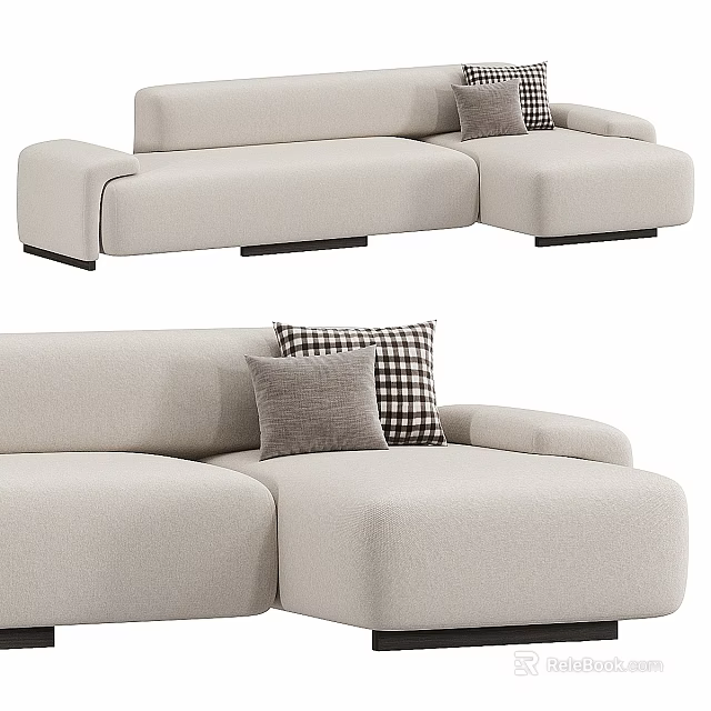 Modern Beige Sectional Sofa Design With Plaid And Solid Decorative Pillows 3d model