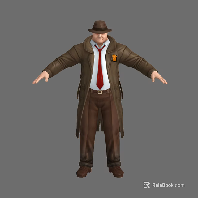Game Movie Character Wearing Brown Trench Coat Hat And Red Tie 3d model 
