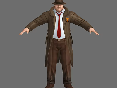Game Movie Character Wearing Brown Trench Coat Hat And Red Tie 3d model