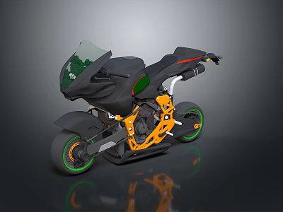 Black And Orange Sport Motorcycle With Green Rim Accents Streamlined Body And Aerodynamic Design 3d model