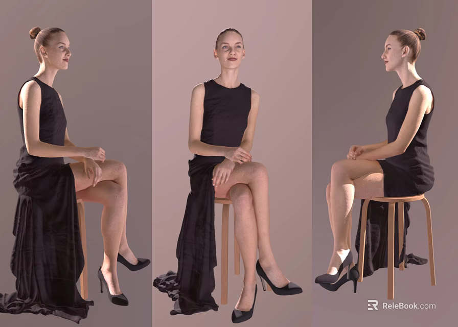 Woman in Black Sleeveless Dress Sitting on Stool with Flowing Skirt and Black High Heels 3d model 