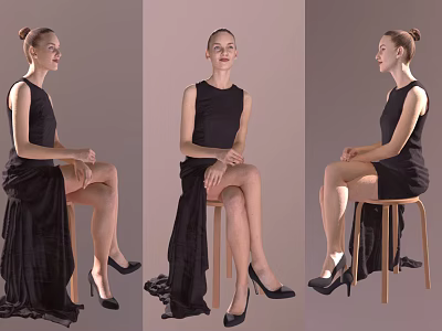 Woman in Black Sleeveless Dress Sitting on Stool with Flowing Skirt and Black High Heels 3d model