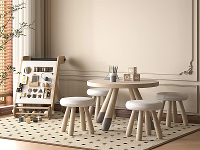 Round Wooden Table with Stools Easel Potted Plant and Decorative Rug in Room 3d model