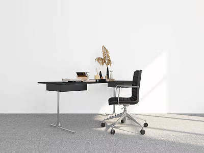 Minimalist Black Office Desk With Laptop Vase Dried Plant And Rolling Chair 3d model