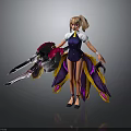 Blonde Female Character in Navy Vest Holding Biomechanical Weapon with Feathery Skirt