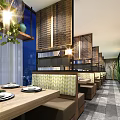 Modern Restaurant Interior With Wooden Ceiling Chandeliers Yellow Chairs Dining Tables And Green Plants