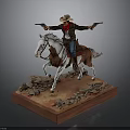 Cowboy Riding Horse Statue Scene With Dual Guns Rocks And Sand Base