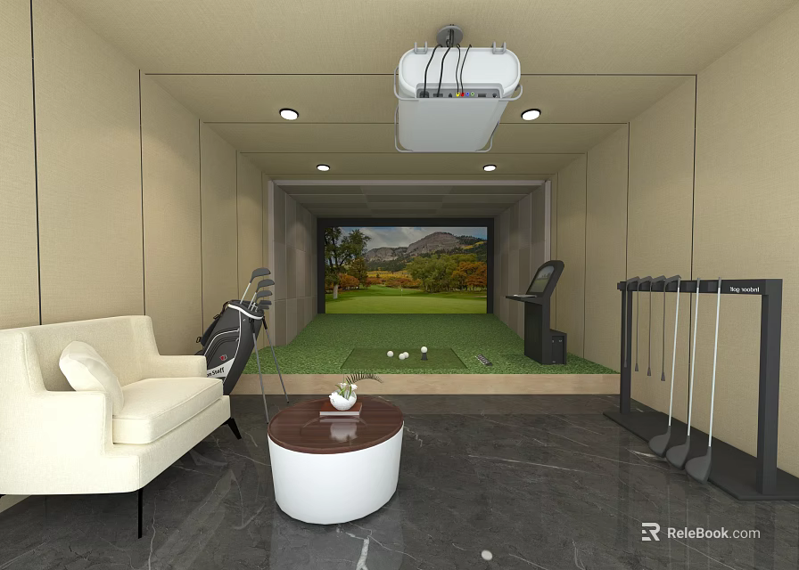 Indoor Golf Fitness Practice Studio With Simulator Screen Golf Clubs And Comfortable Sofa 3d model 