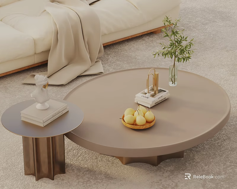 Modern Sofa with Blanket Coffee Table Set Side Table Fruit Bowl Vase Plant and Books 3d model 