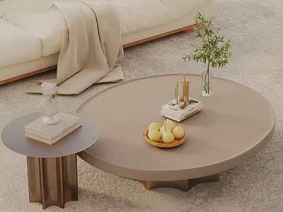 Modern Sofa with Blanket Coffee Table Set Side Table Fruit Bowl Vase Plant and Books 3d model