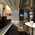 Modern Restaurant Interior Featuring Geometric Structures Yellow Floor And Colorful Pillars