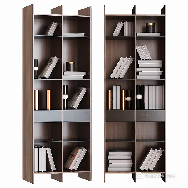 Modern Wooden Bookcase With Multiple Shelves And Organized Books Decorative Items 3d model 