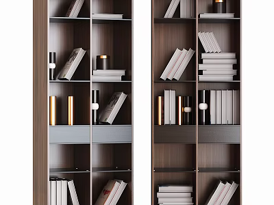 Modern Wooden Bookcase With Multiple Shelves And Organized Books Decorative Items 3d model