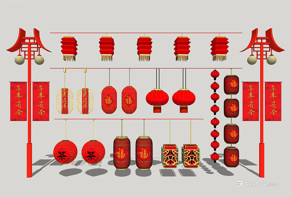 Traditional Chinese Red Lanterns With Various Styles Hanging On Red Decorative Frames 3d model 