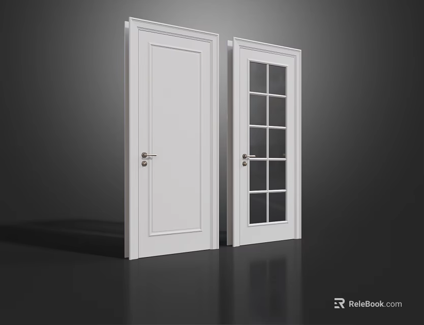 White Hinged Interior Doors With Solid Panel And Glass Grid Design For Home Use 3d model 