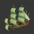 Detailed Model Sailing Ship With White Sails And Red Flags On Wooden Hull