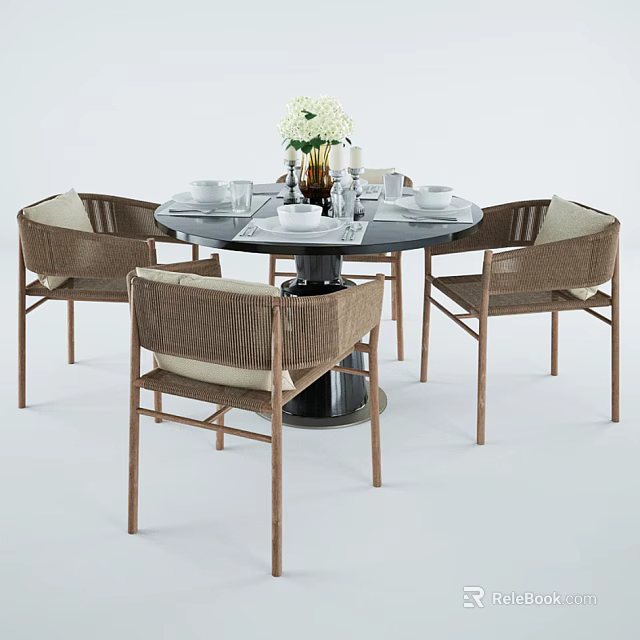 Modern Dining Table Set With Woven Chairs Light Colored Cushions White Dinnerware And Vase 3d model