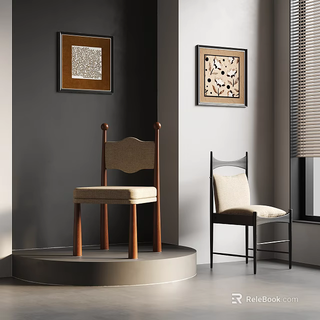 Two Stylish Chairs With Light Cushions Wooden Black Frames Decorative Wall Art Gray Walls And Window Blinds 3d model 