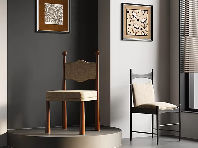Two Stylish Chairs With Light Cushions Wooden Black Frames Decorative Wall Art Gray Walls And Window Blinds 3d model