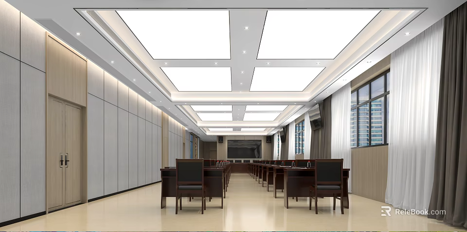 Modern Conference Room Interior With Long Tables Chairs Bright Ceiling Lights And Large Windows 3d model 