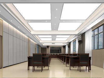 Modern Conference Room Interior With Long Tables Chairs Bright Ceiling Lights And Large Windows 3d model