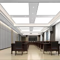 Modern Conference Room Interior With Long Tables Chairs Bright Ceiling Lights And Large Windows