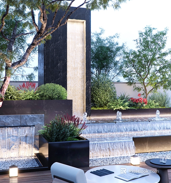 Stunning Stepped Water Fountain With Flowing Water Surrounded by Trees and Green Plants 3d model 