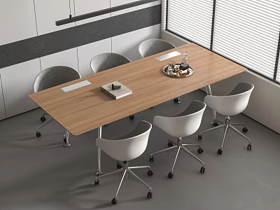 Modern Wooden Conference Table with Six White Rolling Chairs and Papers in Office 3d model