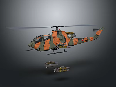 Military Cobra Helicopter With Orange Green Camouflage And Missiles Flying 3d model
