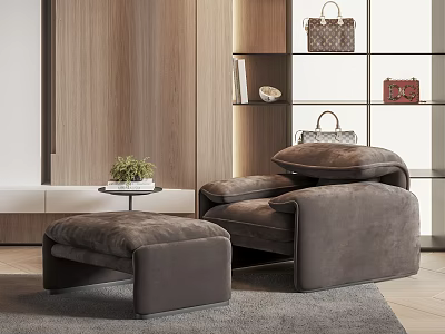 Comfortable Single Sofa with Matching Ottoman on Gray Rug and Wooden Wall Decor 3d model