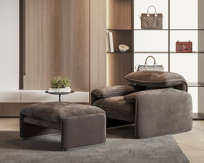 Comfortable Single Sofa with Matching Ottoman on Gray Rug and Wooden Wall Decor 3d model