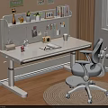 Modern Adjustable Desk with Storage Shelf Green Plant Trophy and Ergonomic Chair in Home Office