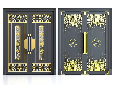 Elegant Black And Gold Double Doors With Intricate Patterns And Glass Panels 3d model