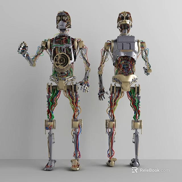 Smart Robot Models Showcasing Internal Structure With Metal Skeletons Colorful Wires And Gears 3d model 