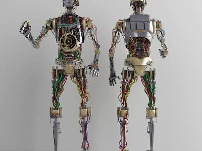 Smart Robot Models Showcasing Internal Structure With Metal Skeletons Colorful Wires And Gears 3d model