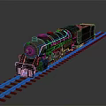 Vintage Steam Train on Railway Tracks with Illuminated Headlight Dark Brown Locomotive and Red Sleepers